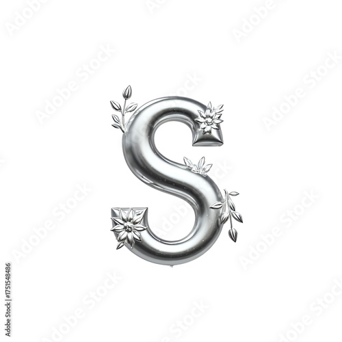 Elegant Silver Letter S Adorned with Floral Accents on White