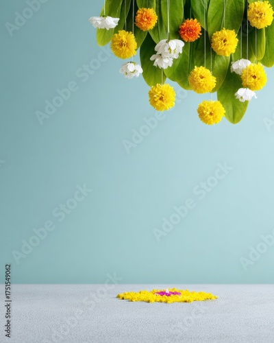 Vibrant Indian Diwali Festival Decor with Hanging Marigold and Jasmine Flowers Premium Traditional Floral Arrangement for Modern Holiday Marketing Campaigns