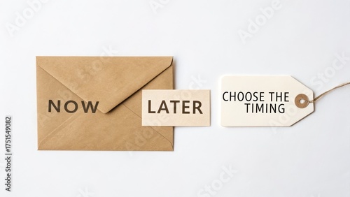 Brown envelope with stamped Now and Later cards on white surface