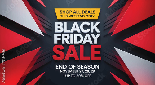 Modern Black Friday sale banner design dynamic geometric shapes and typography. 