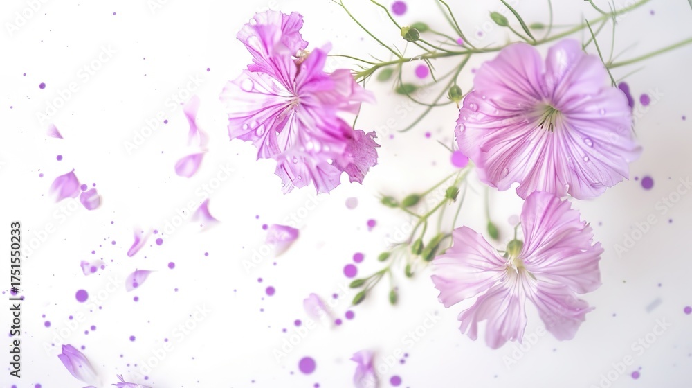 Fototapeta premium Flower - dotted pattern with delicate flowers scattered on a clean white background, showing a fresh, soft, and elegant visual style. Ideal for design uses like greeting cards, wrapping paper, fabric 