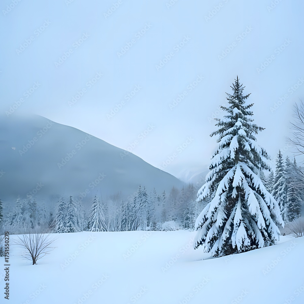 Obraz premium Serene Winter Landscape Snowy Pine Trees Against Mountain Backdrop Cold Season Scenery Outdoor Scene Evergreen Forest Snowfall Weather Conditions Tranquil Atmosphere Scenic Views