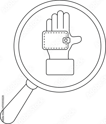 A magnifying glass reveals a hand holding a wallet