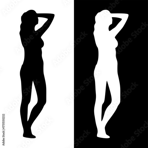 Black silhouette vector concept of a woman in a swimsuit from various perspectives isolated on a white background. A metaphor for beauty, seduction, fitness, health, and lifestyle.