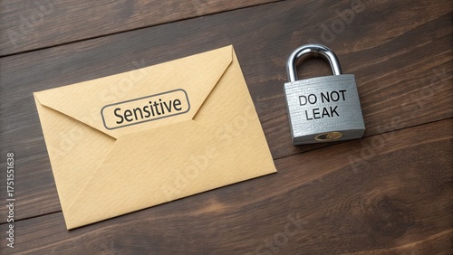 Padlock resting beside a sensitive envelope on wood