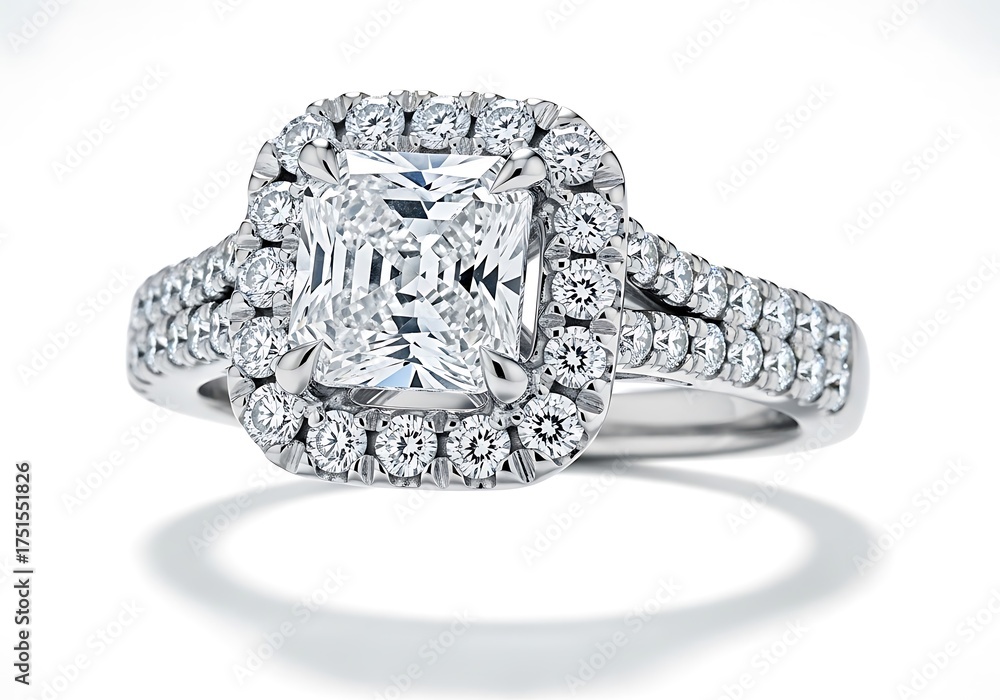 Obraz premium Cushion cut diamond halo engagement ring isolated on white background