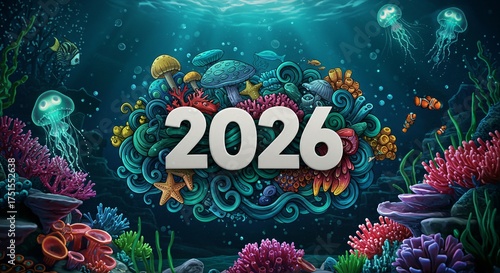 Happy New Year 2026 Underwater Scene with Marine Life and Coral