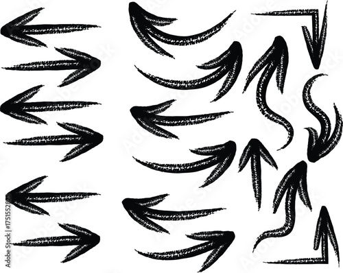 Versatile set of black hand-drawn arrows with textured sketch lines, curved, zigzag, looping, and circular designs conveying motion and flow