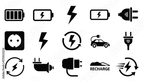 Electric Vehicle Charging Icons Collection Battery, Plug, and Power Symbols Set