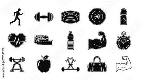 Set of solid black fitness icons for gym workouts, healthy lifestyle, and athletic training concepts