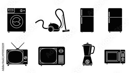 Comprehensive collection of modern and retro household appliance icons, perfect for representing domestic technology and everyday convenience