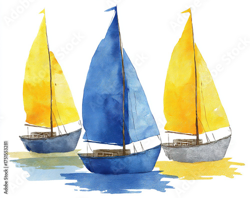 
simple sailboat clipart, yellow and blue, watercolor, white background, simple design, flat colors, no shadows, simple shapes