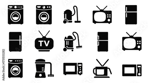 Collection of household appliances, electronics, and cleaning equipment icons
