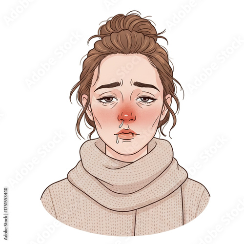 Illustration of a woman's expression experiencing flu, characterized by a red nose and a few drops of mucus coming out. Isolated on a white background.
