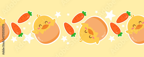Cute cartoon chicken baby in eggshell seamless patter. Funny chick. Can be used for footer, header, card decoration and ribbon.
