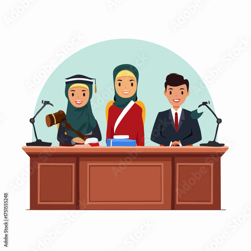 Illustration of a judicial panel with three judges presiding over a court session, emphasizing legal proceedings and justice