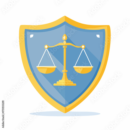 Vector illustration of a golden balance scale inside a shield, representing justice, law, and fairness in a stylized, flat design with subtle shadows, ideal for legal or governmental themes