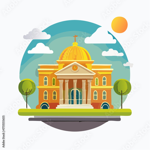 Cartoon University Building Illustration with Dome and Columns in Flat Design
