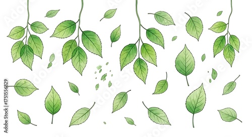 Wallpaper Mural Watercolor Illustration of Green Leaves and Twigs on a White Background, Perfect for Spring and Nature-Inspired Design Projects. Torontodigital.ca
