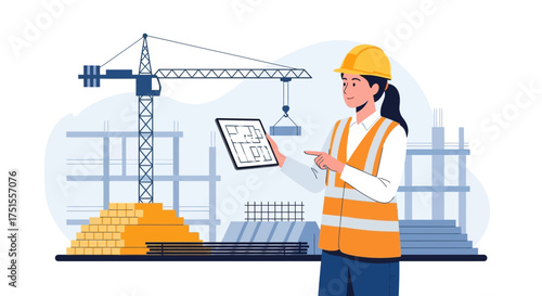 Female engineer with safety helmet using digital tablet at construction site, checking building plans, architecture design and project management concept illustration