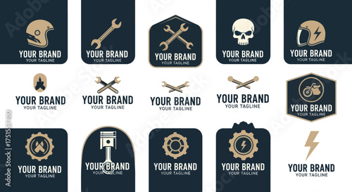 Vintage motorcycle garage and repair shop logo emblem collection.