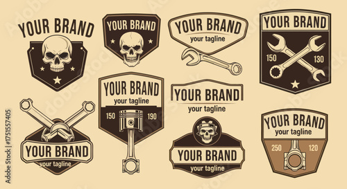 Collection of Vintage Style Emblem Logos with Skulls and Tools.