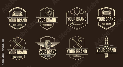 Collection of vintage car service and repair shop emblem designs.