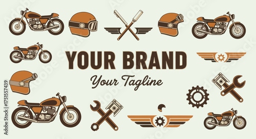 Motorcycle Brand Design with Helmets, Wings, and Tools.