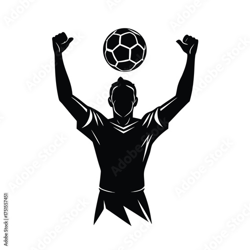 Soccer player with raised fists and ball silhouette