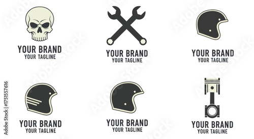 Collection of Motorcycle Helmets and Skull Logos for Branding.