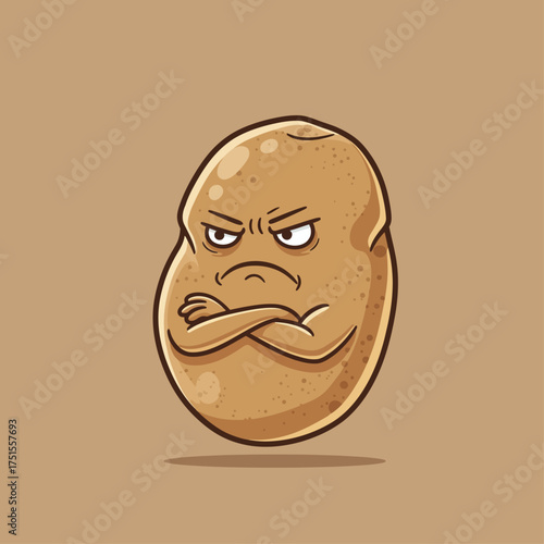 Humorous vector artwork of a grumpy potato character, arms crossed with an annoyed expression