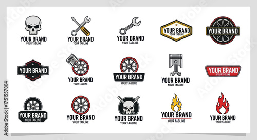Collection of vintage and modern mechanic and automotive logo designs.