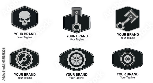 Set of six monochrome industrial logo templates for automotive brands.