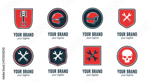 Motorcycle gear logos with brand name and tagline design.