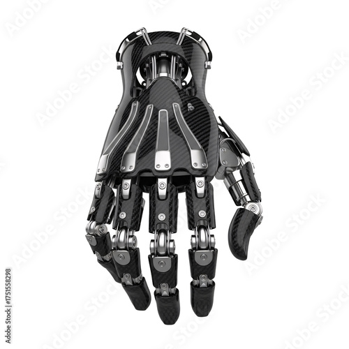Close up of a robotic hand with intricate mechanical details against a black background view from front on transparent background