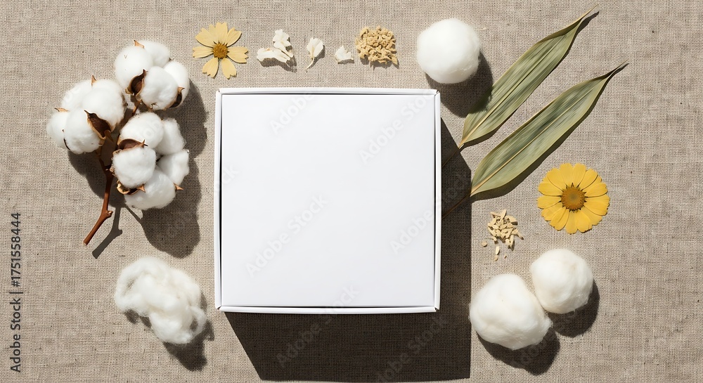 Natural Beauty Blank Mockup Canvas Box Surrounded by Cotton and Dried Flowers