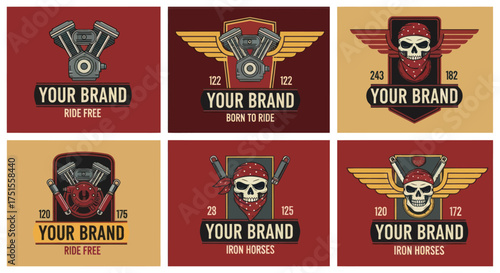 Set of six vintage motorcycle club logo emblems with skulls and engines.