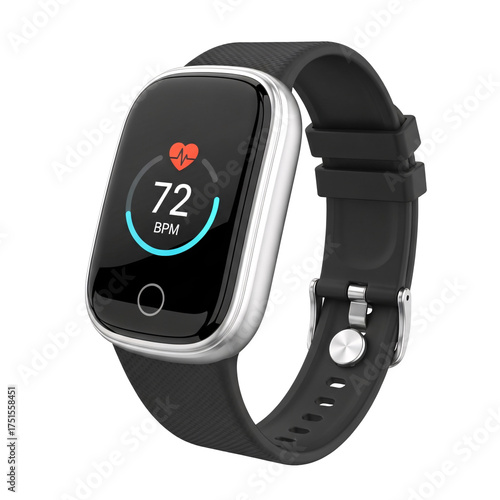 Close up of a silver and black smart watch displaying a heart rate of seventy two beats per minute on transparent background