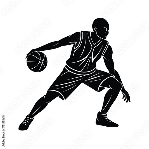 Basketball player dribbling ball silhouette with white outline