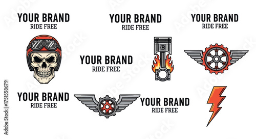 Motorcycle-themed logo designs with skull, engine, and gear illustrations.