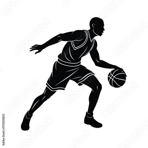 Basketball Player Silhouette Dribbling on White Background Keywords: basketball, player