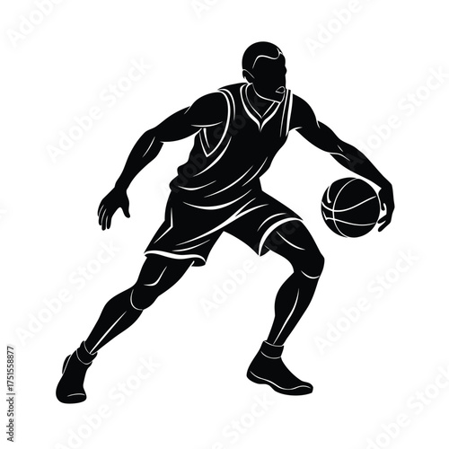 Basketball Player Silhouette Dribbling on White Background Keywords: basketball, player
