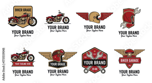 Collection of vintage motorcycle and biker garage emblems with classic bikes helmets and tools.