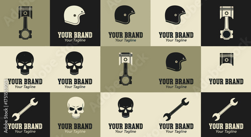 Motorcycle Club Logos - Pistons, Helmets, Skulls, and Wrenches for Branding.