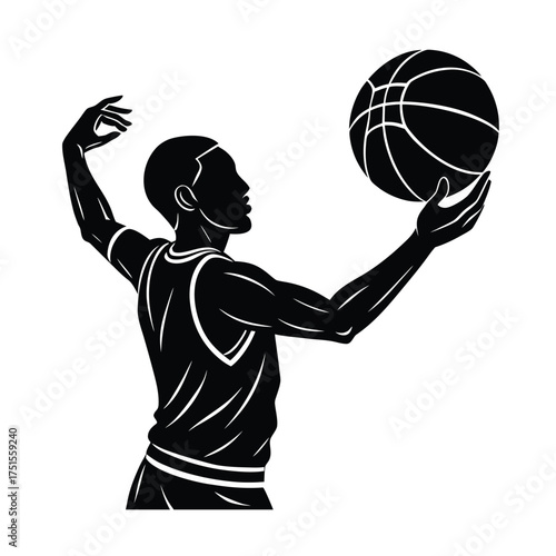 Basketball Player Silhouette with Ball on White Background