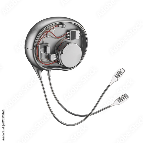 A detailed view of a cochlear implant device showcasing its internal components and electrode array on transparent background