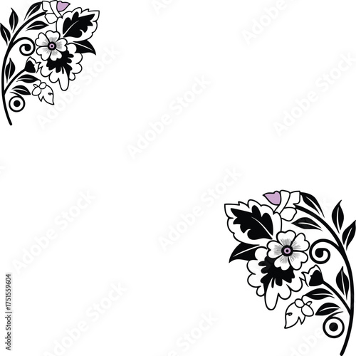 Elegant Black and White Floral Corner Border Vector Illustration