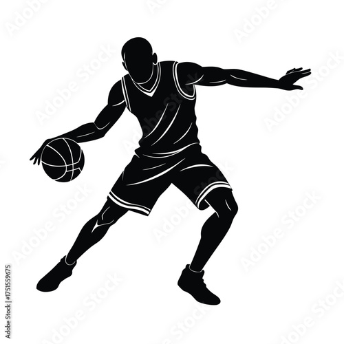 Dynamic basketball player silhouette dribbling on white
