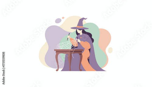 Witch knitting a spiderweb for Halloween Creative craft for seasonal decor
