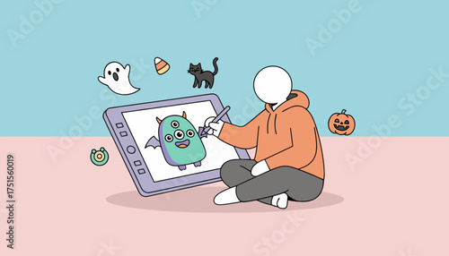 Person digitally illustrating a Halloween monster on a tablet surrounded by festive spooky elements